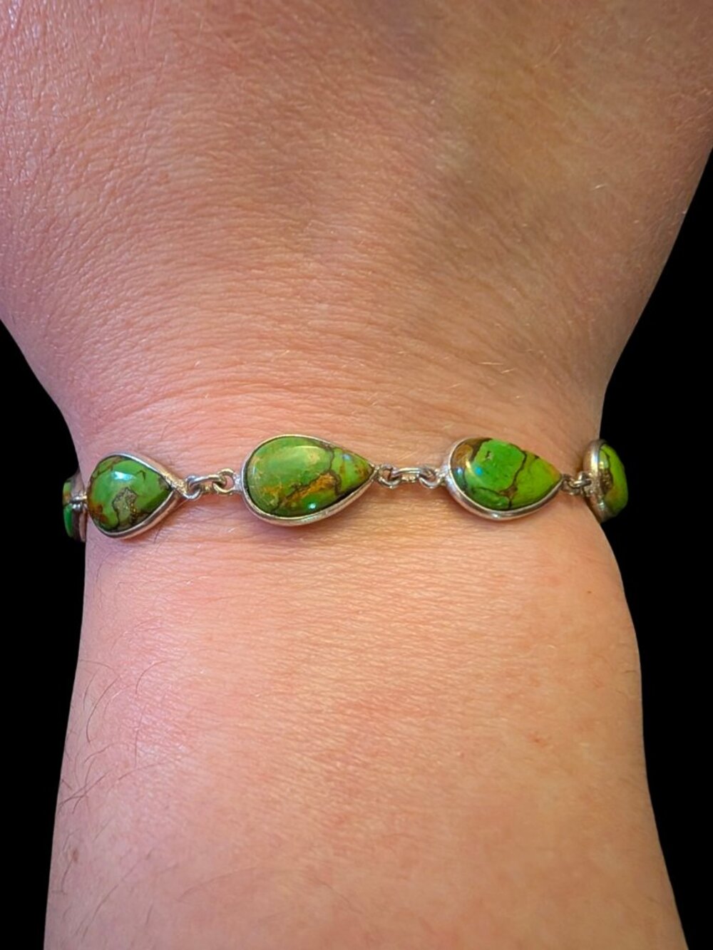 925 Sterling Silver Green Copper Turquoise Size 7.5" Bracelet